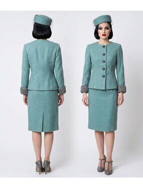 50s Aqua Blue Wool Skirt Suit w Persian Lamb Cuffs | Small | W 26"